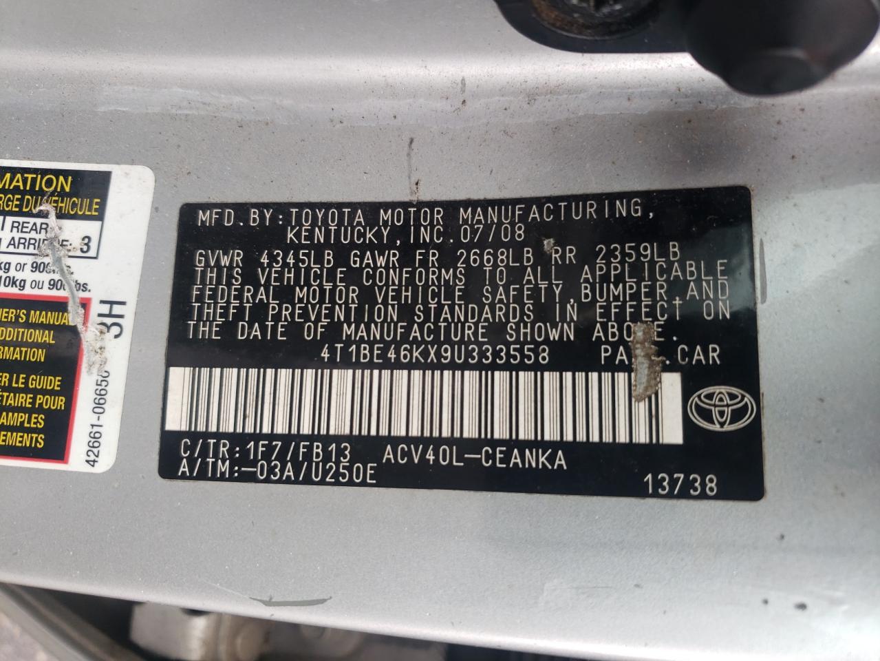 2009 Toyota Camry Base VIN: 4T1BE46KX9U333558 Lot: 71889795