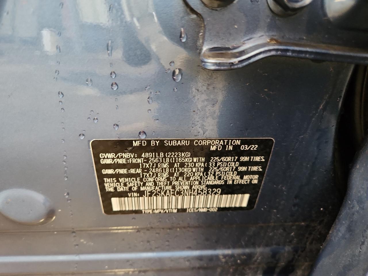 2022 Subaru Forester Premium VIN: JF2SKAEC3NH458329 Lot: 81903995