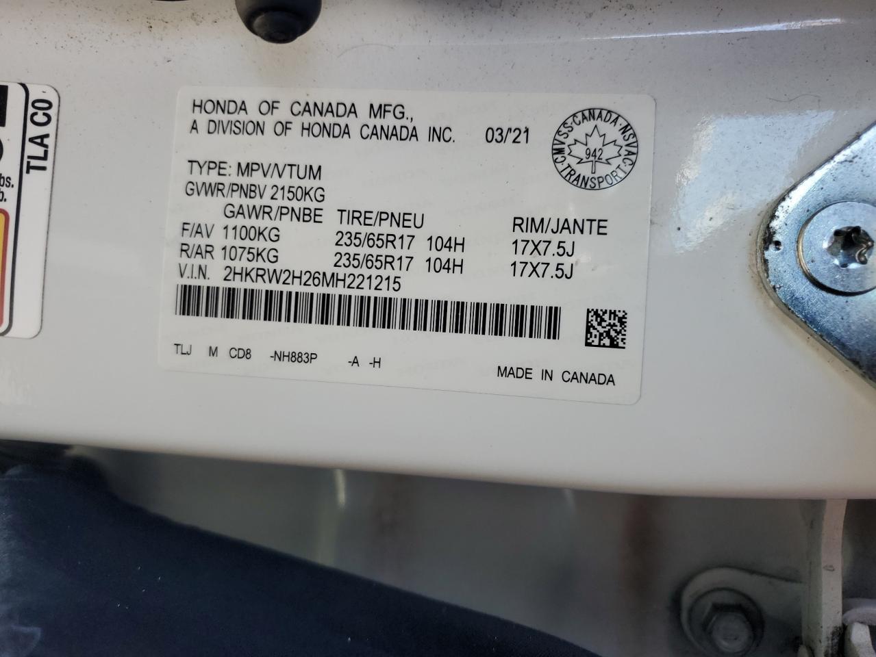 2021 Honda Cr-V Lx VIN: 2HKRW2H26MH221215 Lot: 71580805