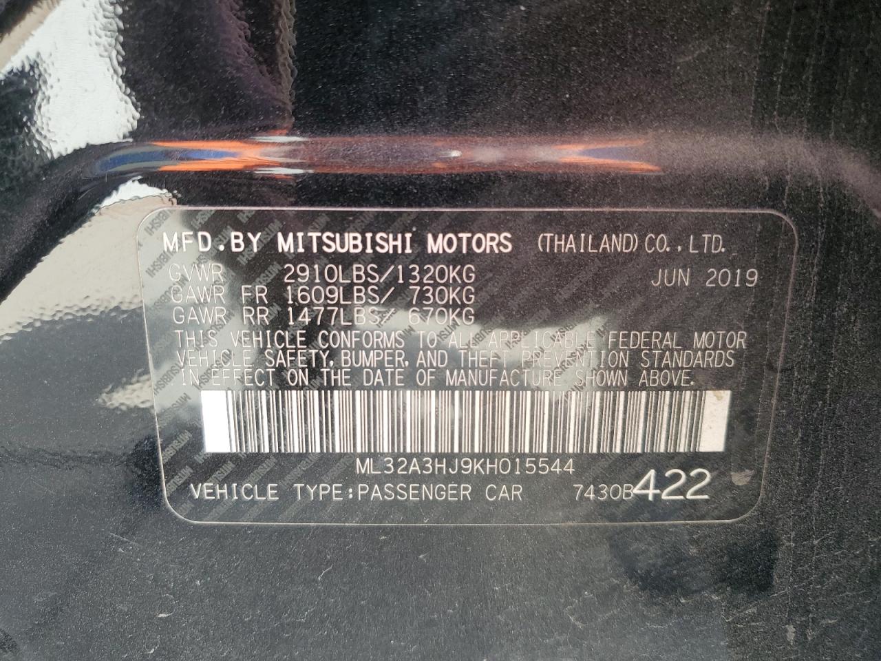 2019 Mitsubishi Mirage Es VIN: ML32A3HJ9KH015544 Lot: 81105195