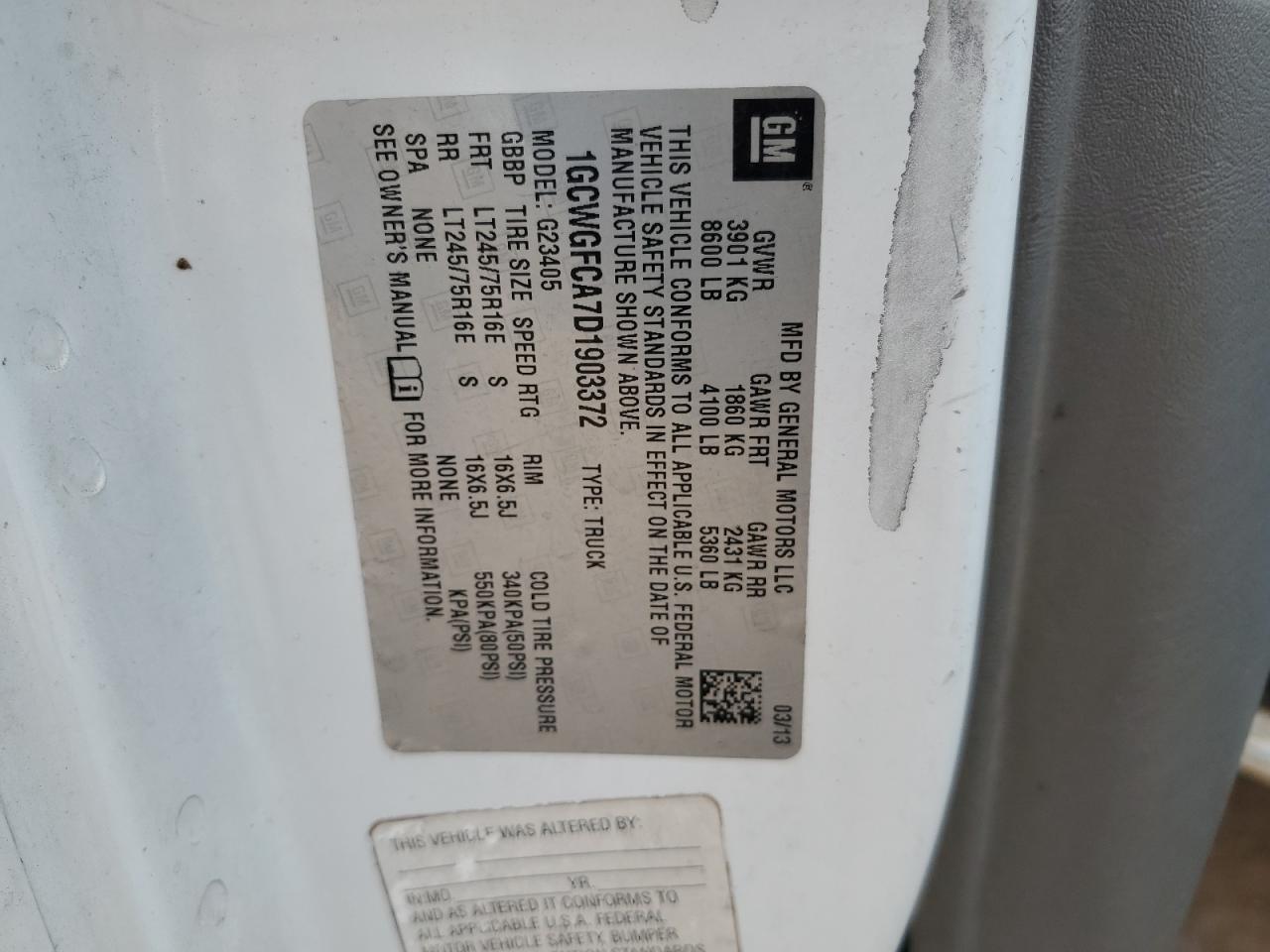 2013 Chevrolet Express G2500 VIN: 1GCWGFCA7D1903372 Lot: 70823375