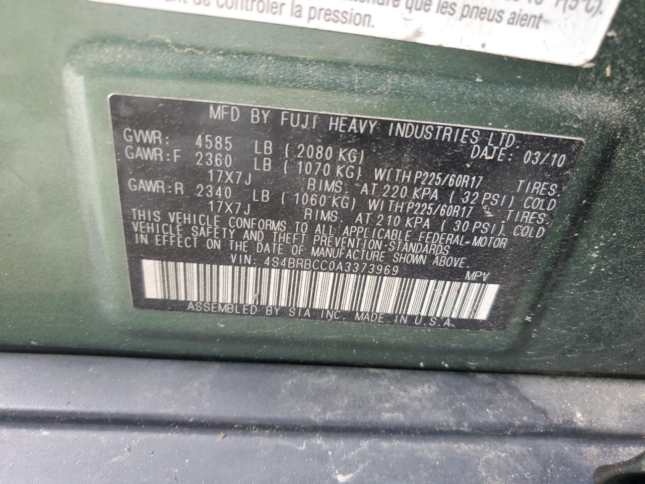 2010 Subaru Outback 2.5I Premium VIN: 4S4BRBCC0A3373969 Lot: 81862305