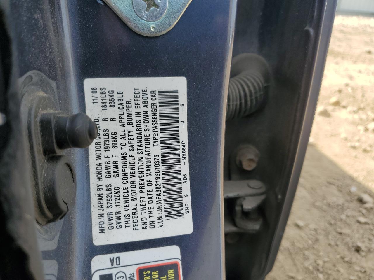 2009 Honda Civic Hybrid VIN: JHMFA36219S010375 Lot: 80366465