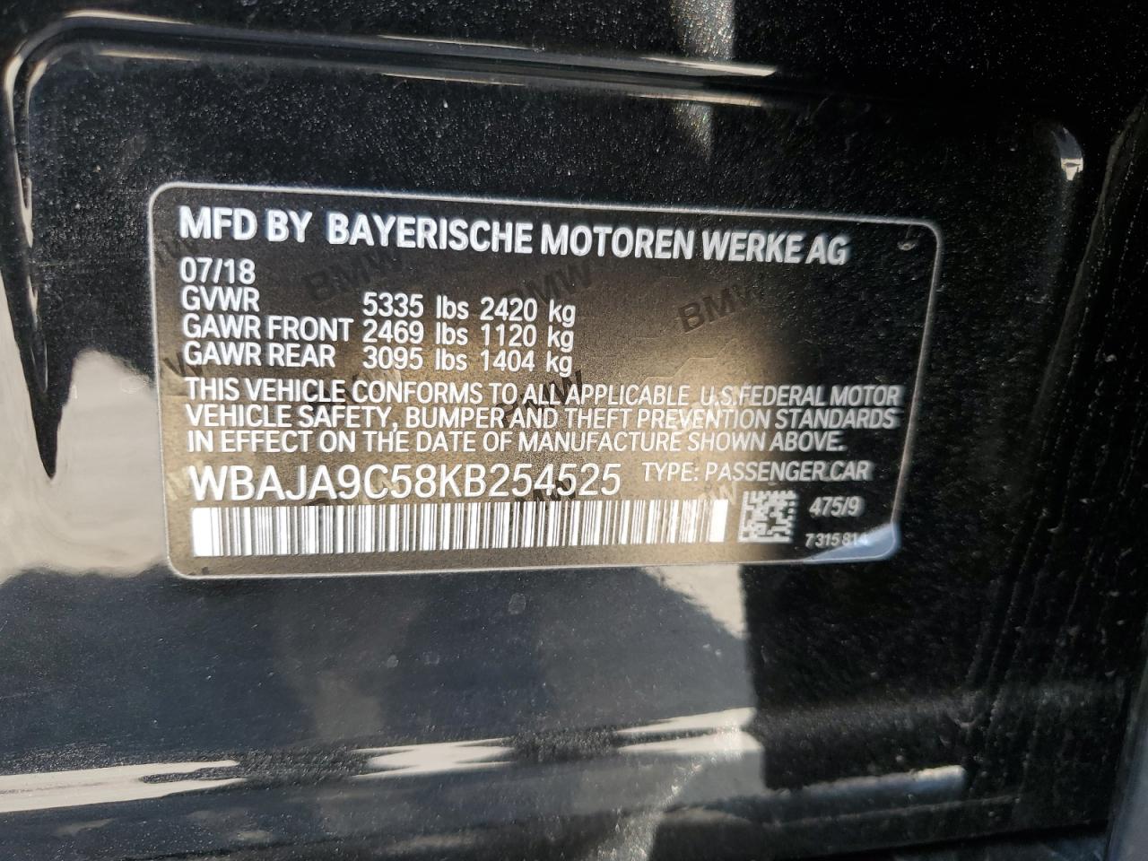 2019 BMW 530E VIN: WBAJA9C58KB254525 Lot: 81692915