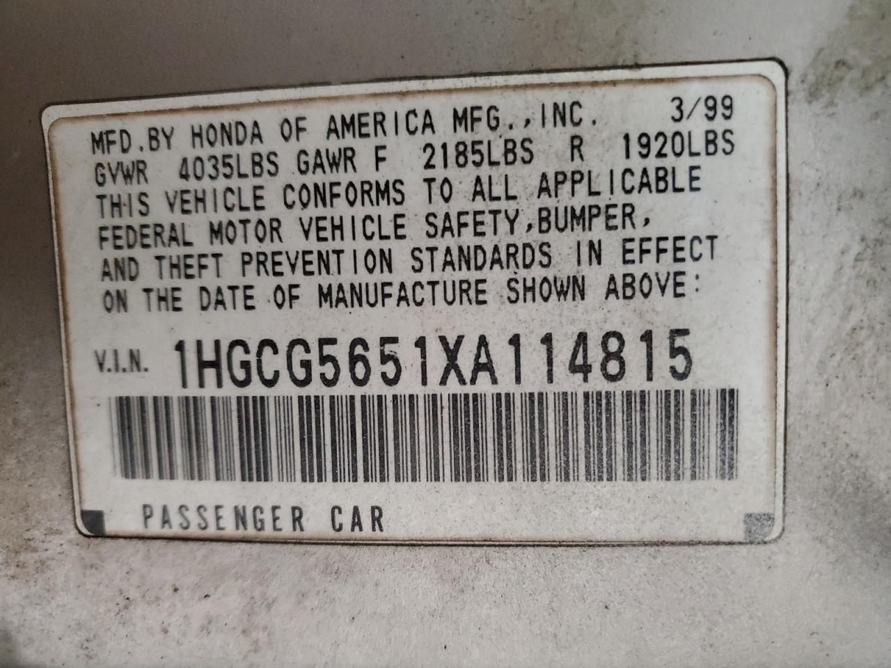 1999 Honda Accord Ex VIN: 1HGCG5651XA114815 Lot: 82134635