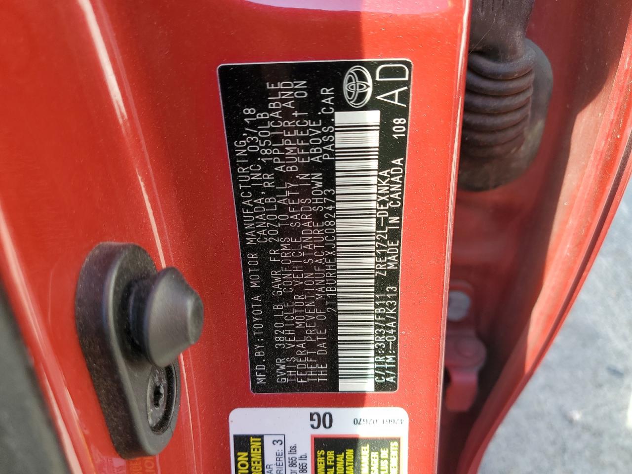 2018 Toyota Corolla L VIN: 2T1BURHEXJC082473 Lot: 71199545