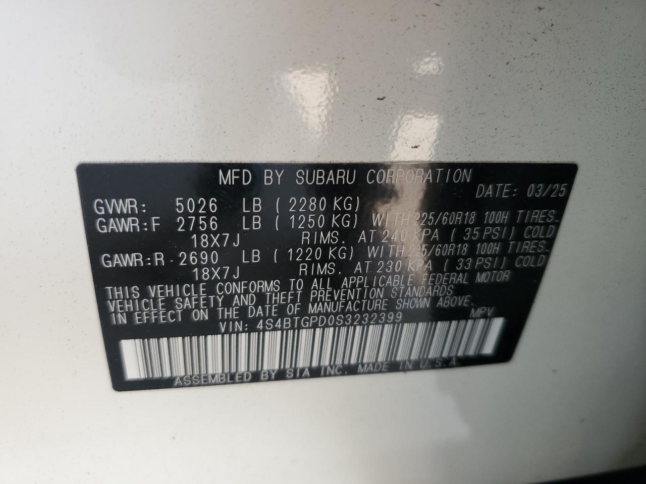 2025 Subaru Outback Touring VIN: 4S4BTGPD0S3232399 Lot: 70935755