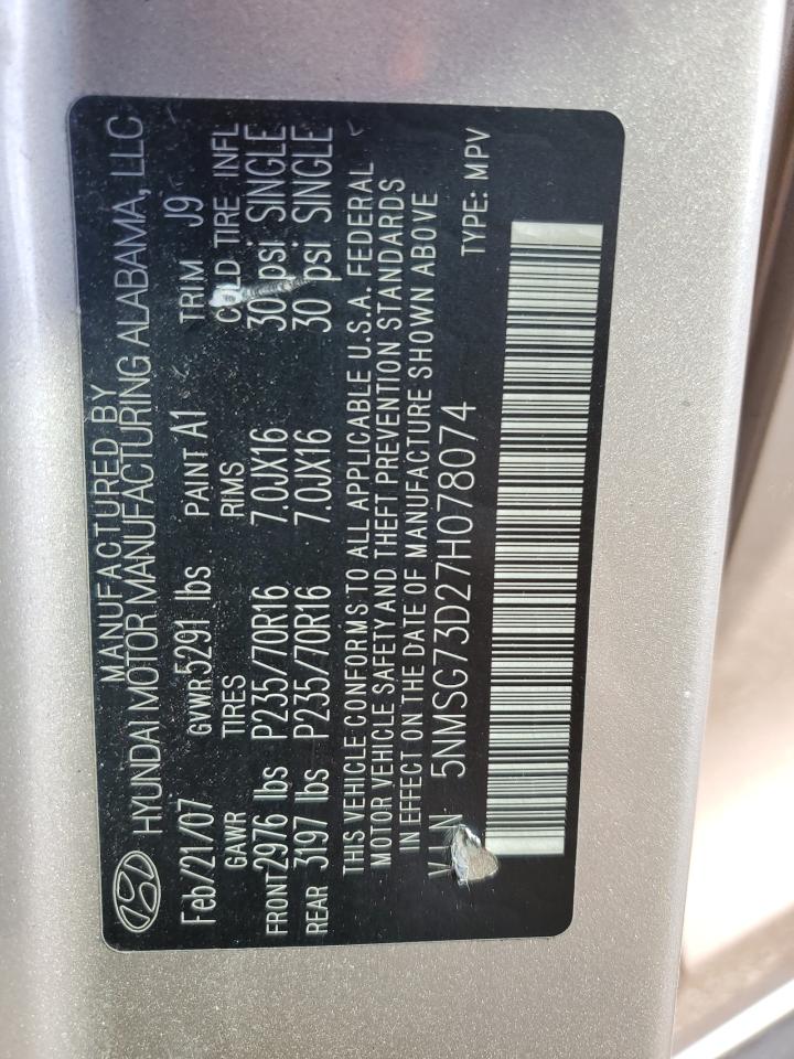 2007 Hyundai Santa Fe Gls VIN: 5NMSG73D27H078074 Lot: 81227295