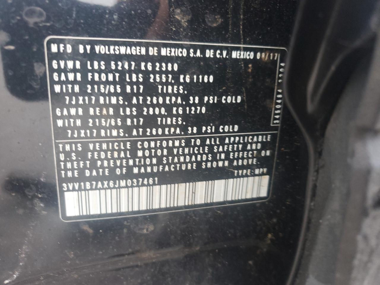 2018 Volkswagen Tiguan S VIN: 3VV1B7AX6JM037461 Lot: 81704745