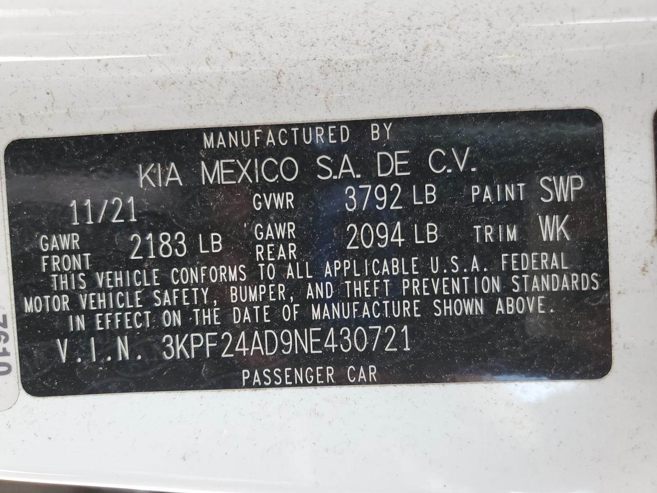 2022 Kia Forte Fe VIN: 3KPF24AD9NE430721 Lot: 81593165