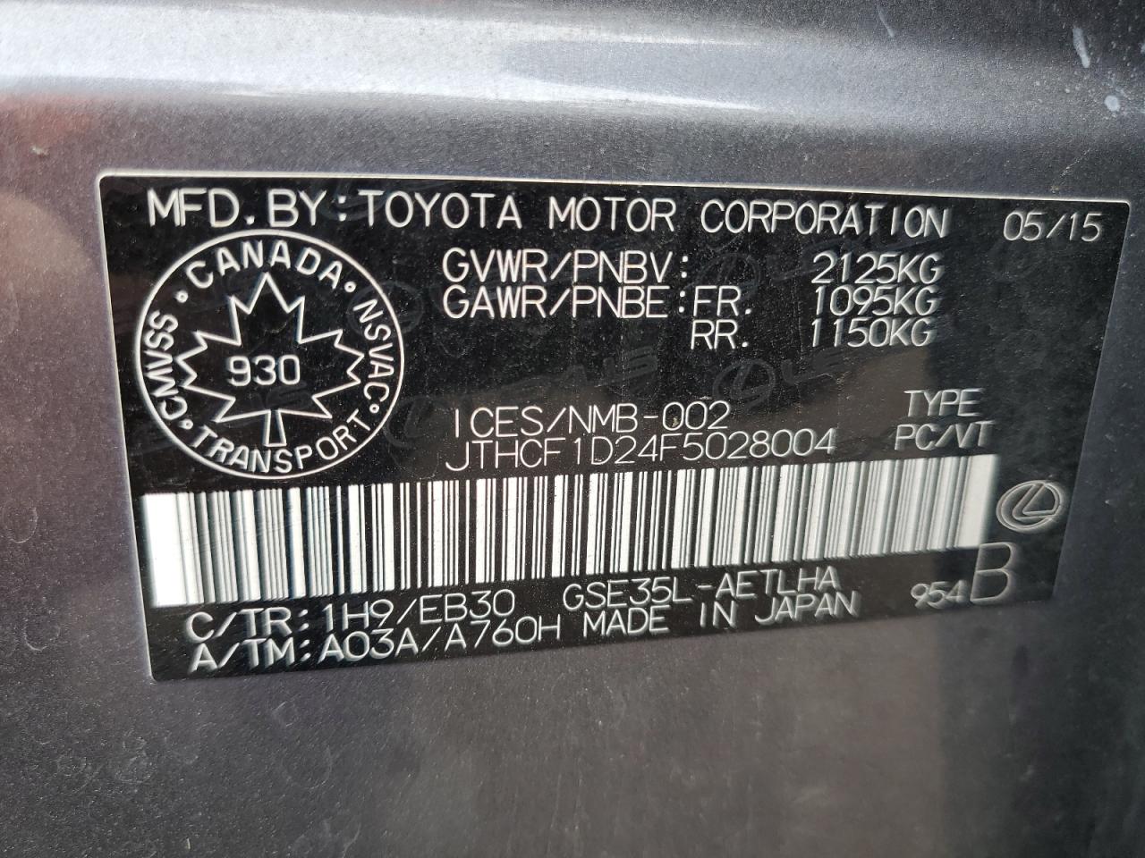 2015 Lexus Is 250 VIN: JTHCF1D24F5028004 Lot: 80719605