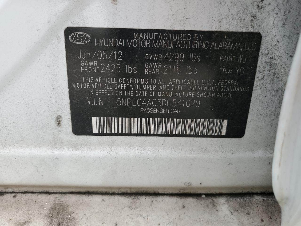 2013 Hyundai Sonata Se VIN: 5NPEC4AC5DH541020 Lot: 81217995