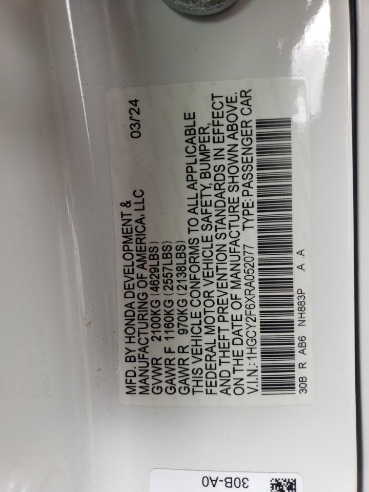 2024 Honda Accord Hybrid Exl VIN: 1HGCY2F6XRA052077 Lot: 72065025
