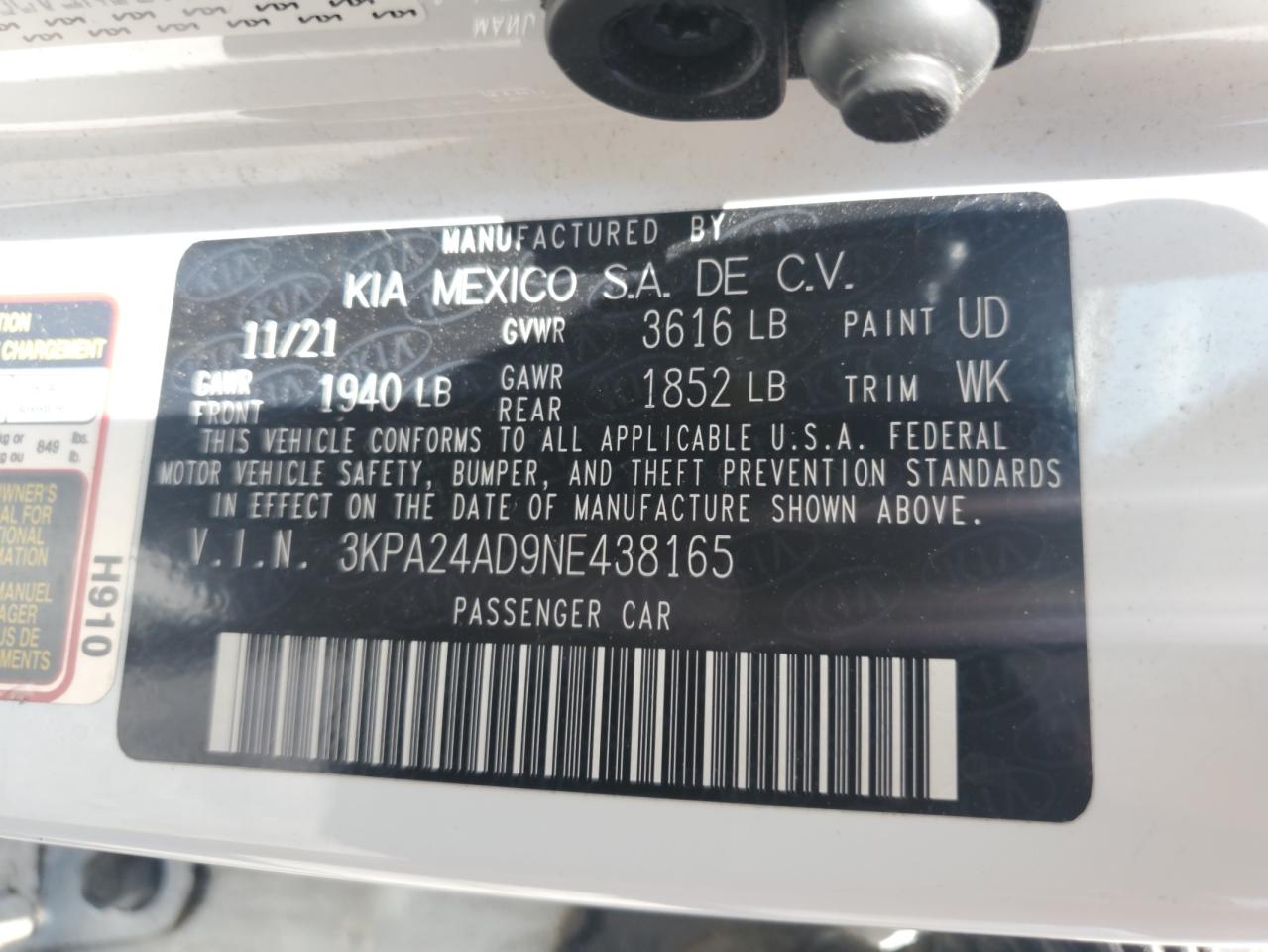 2022 Kia Rio Lx VIN: 3KPA24AD9NE438165 Lot: 80335025