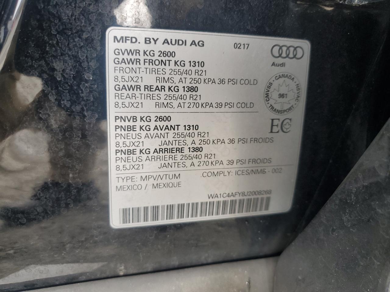 2018 Audi Sq5 Prestige VIN: WA1C4AFY8J2008268 Lot: 84187155
