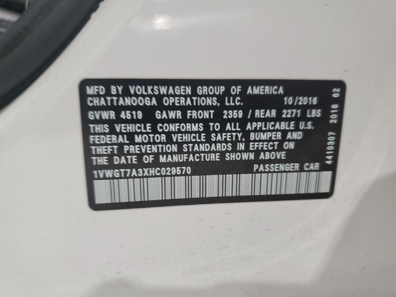 2017 Volkswagen Passat Se VIN: 1VWGT7A3XHC029570 Lot: 80808765