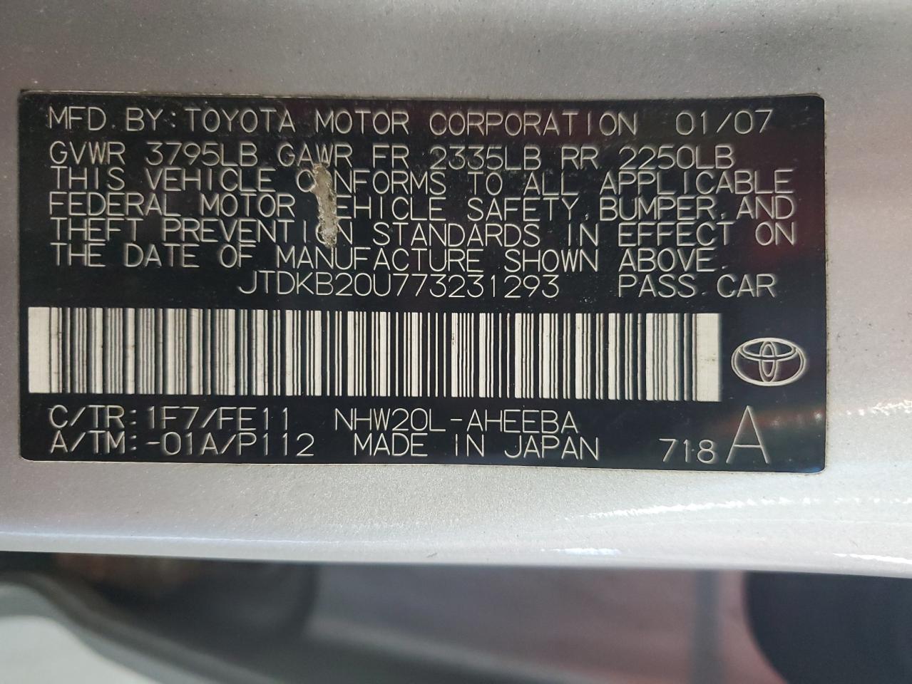 2007 Toyota Prius VIN: JTDKB20U773231293 Lot: 71667285