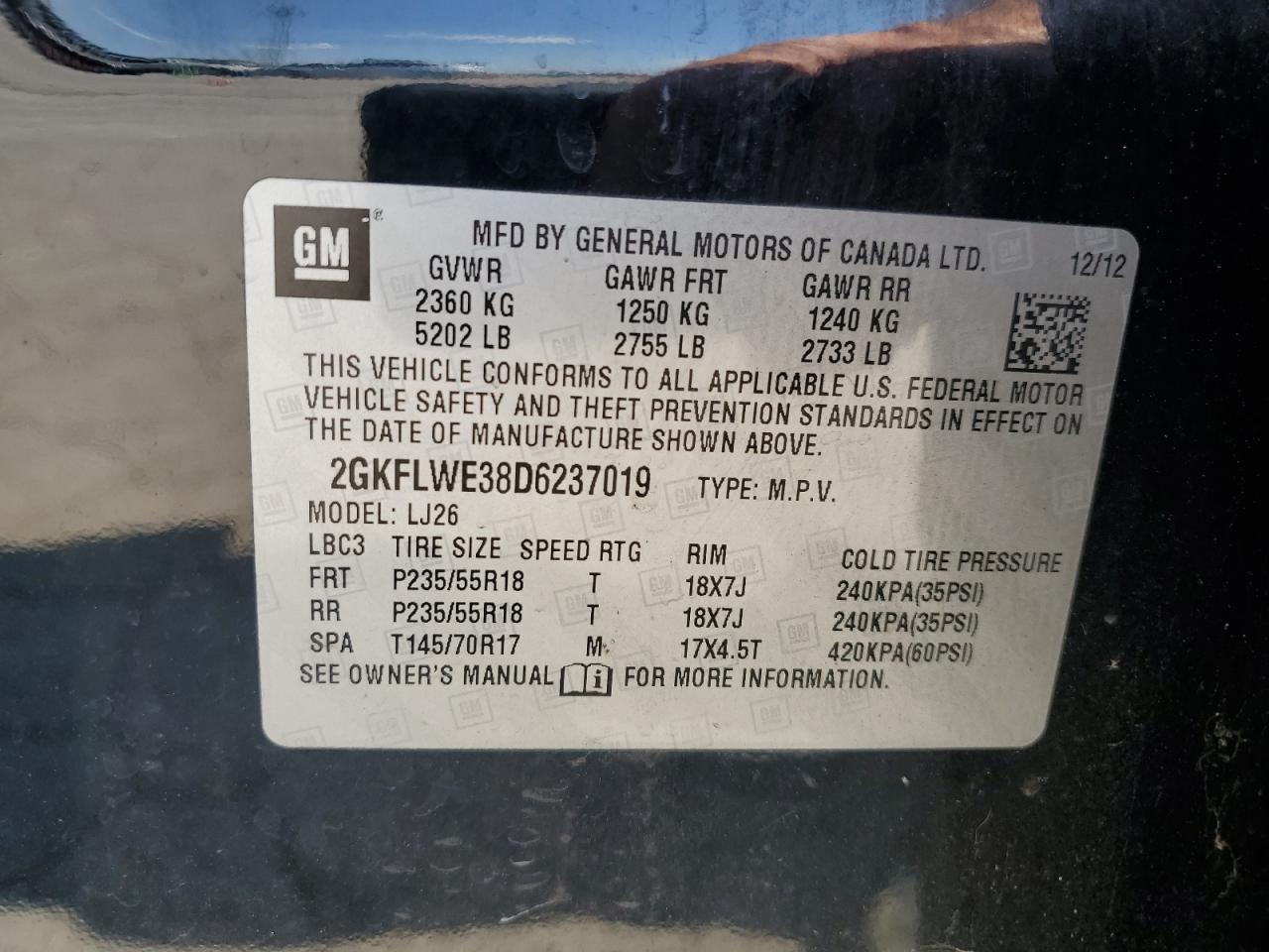 2013 GMC Terrain Slt VIN: 2GKFLWE38D6237019 Lot: 80644995