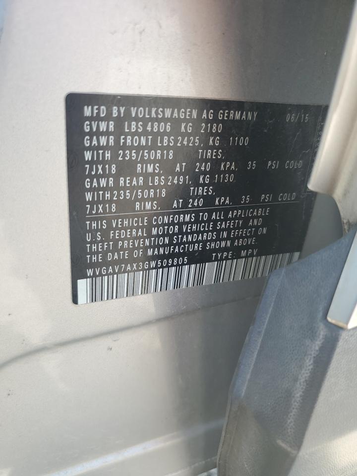 2016 Volkswagen Tiguan S VIN: WVGAV7AX3GW509805 Lot: 80688815