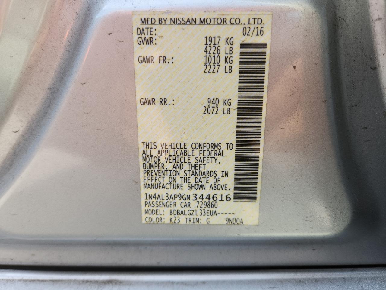 2016 Nissan Altima 2.5 VIN: 1N4AL3AP9GN344616 Lot: 84020455