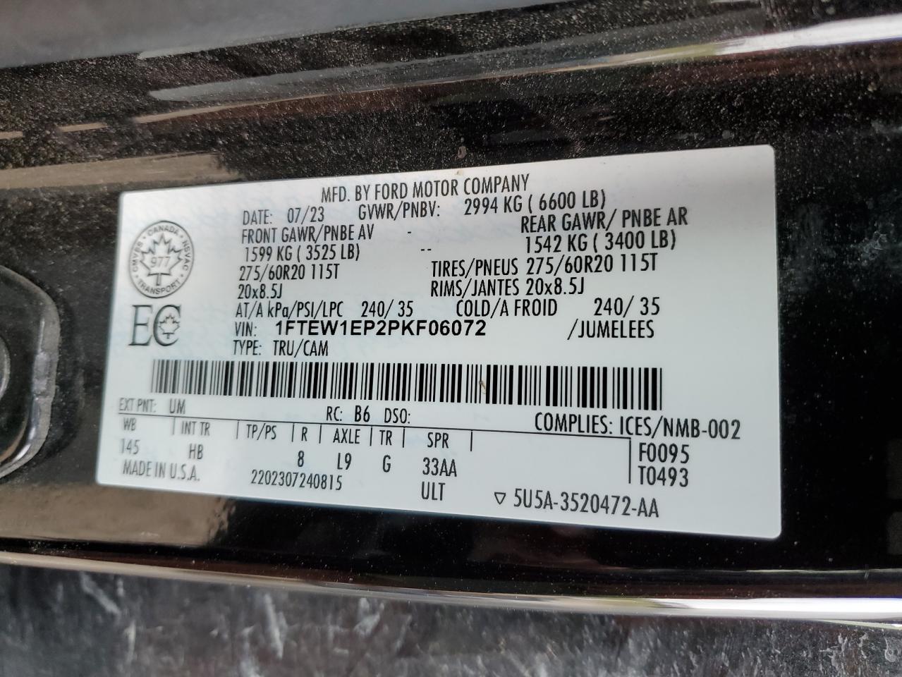 2023 Ford F150 Supercrew VIN: 1FTEW1EP2PKF06072 Lot: 84013785