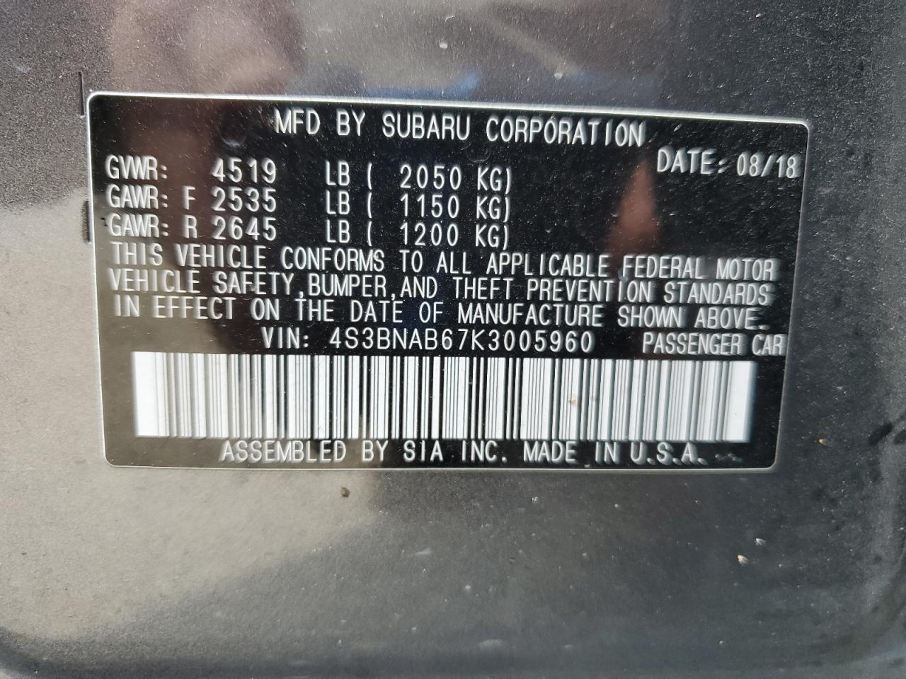 2019 Subaru Legacy 2.5I VIN: 4S3BNAB67K3005960 Lot: 71617175