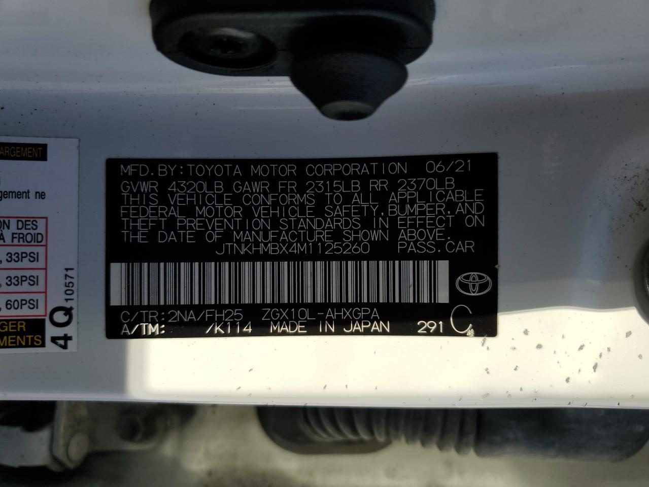 2021 Toyota C-Hr Xle VIN: JTNKHMBX4M1125260 Lot: 70832655