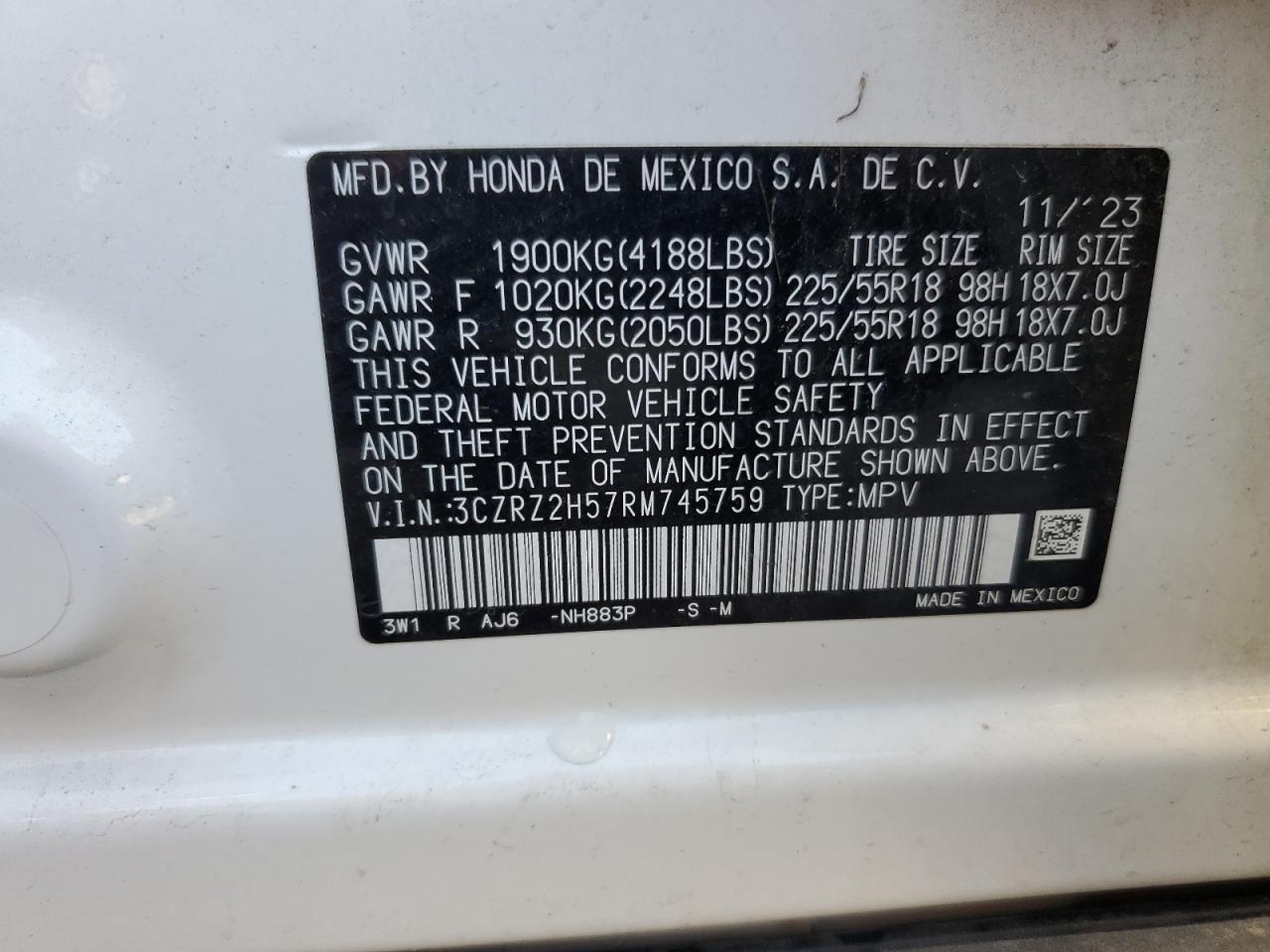 2024 Honda Hr-V Sport VIN: 3CZRZ2H57RM745759 Lot: 84174125