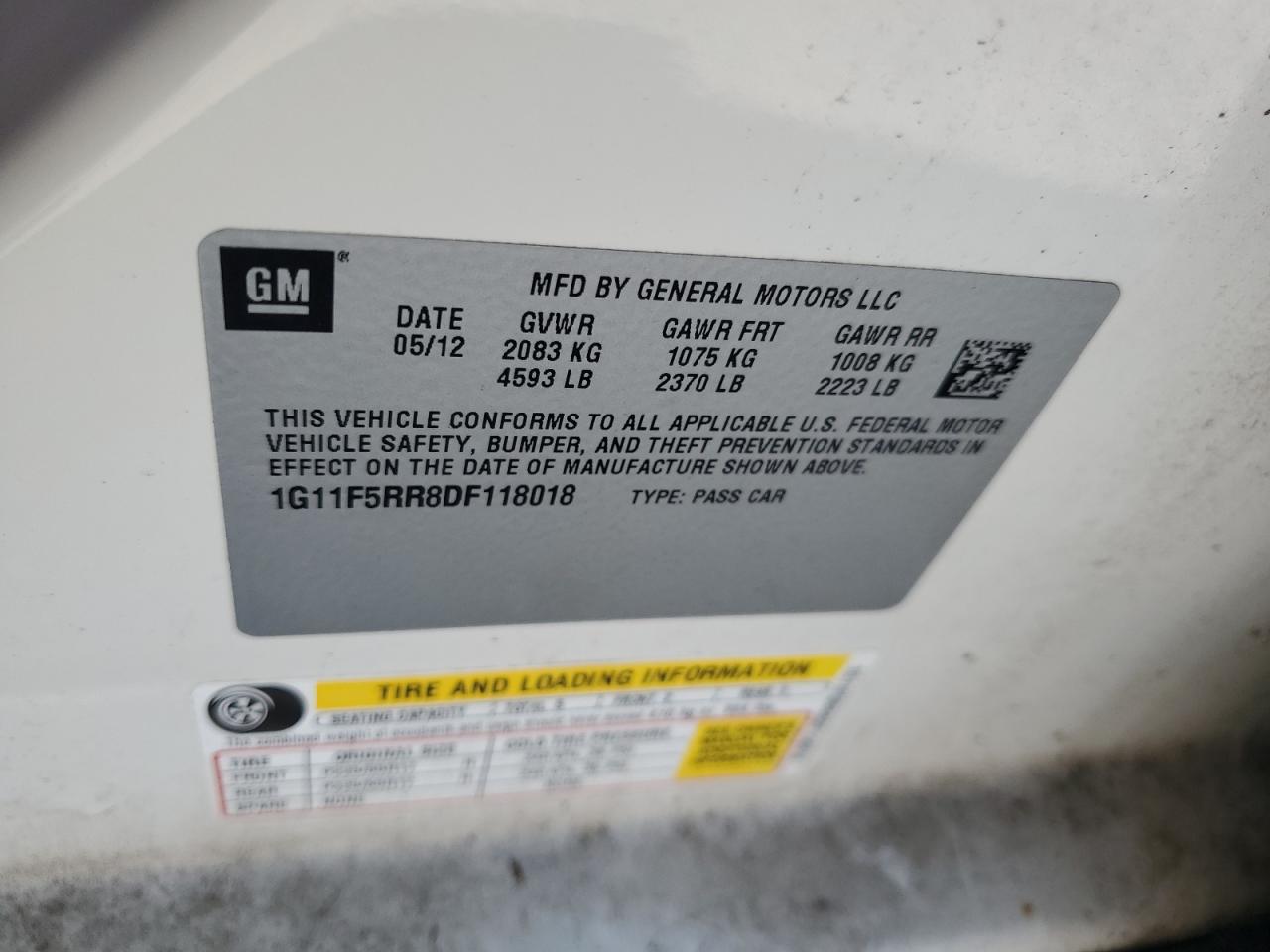 2013 Chevrolet Malibu 2Lt VIN: 1G11F5RR8DF118018 Lot: 81093595