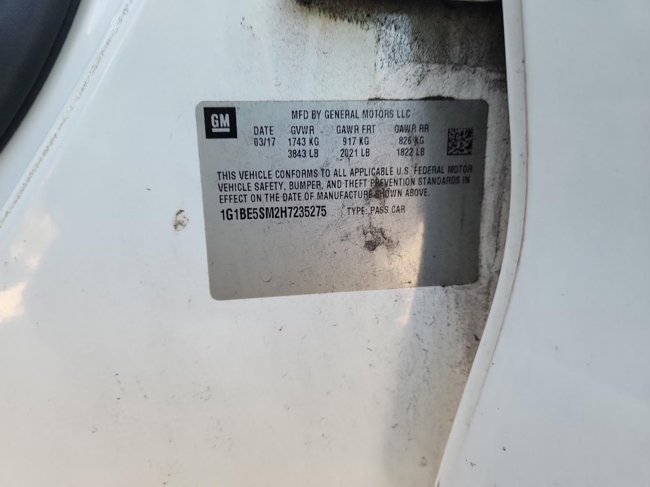 2017 Chevrolet Cruze Lt VIN: 1G1BE5SM2H7235275 Lot: 72050645