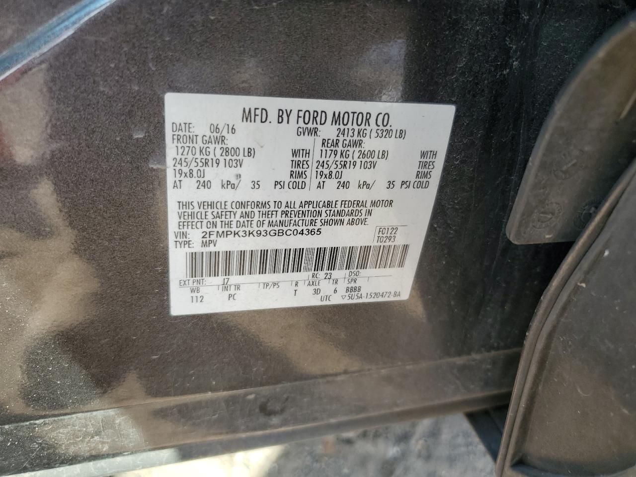 2016 Ford Edge Titanium VIN: 2FMPK3K93GBC04365 Lot: 71439315