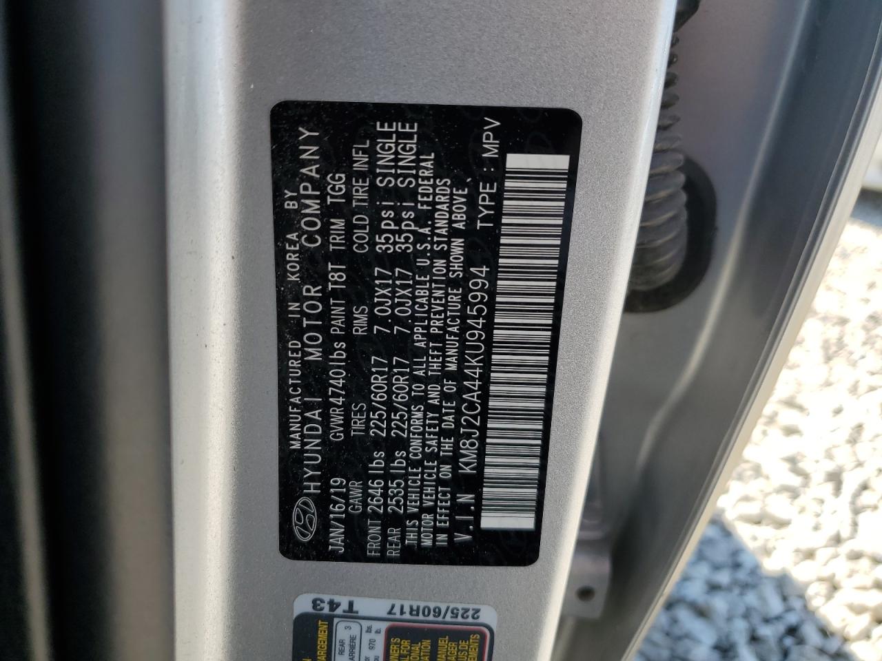 2019 Hyundai Tucson Se VIN: KM8J2CA44KU945994 Lot: 80828445