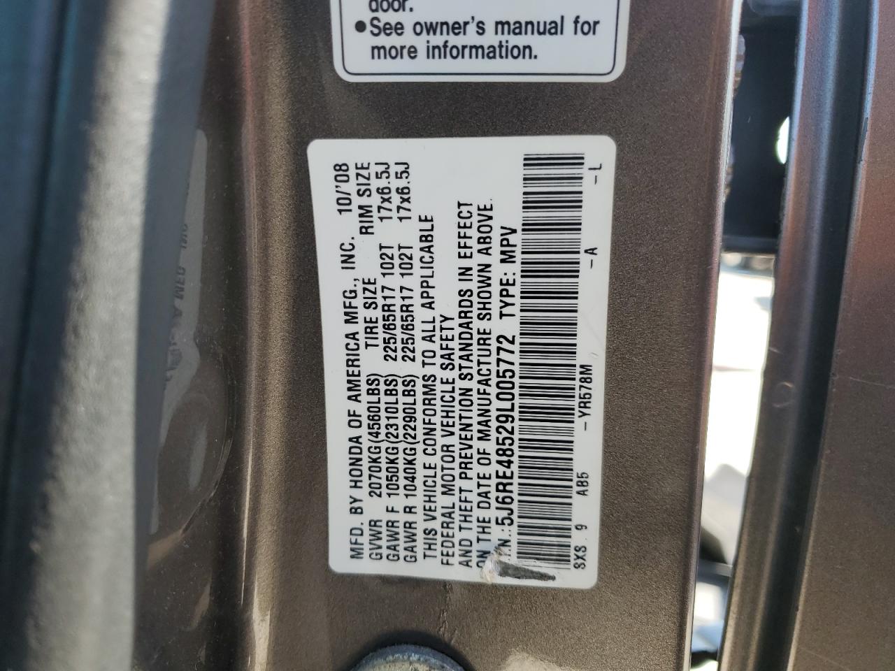 2009 Honda Cr-V Ex VIN: 5J6RE48529L005772 Lot: 80572795