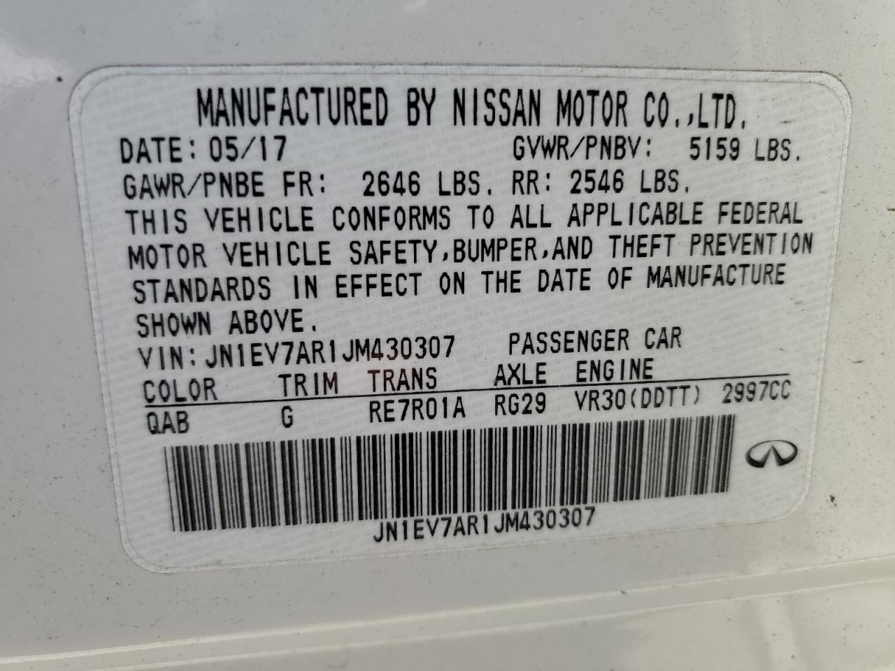 2018 Infiniti Q50 Luxe VIN: JN1EV7AR1JM430307 Lot: 80307565