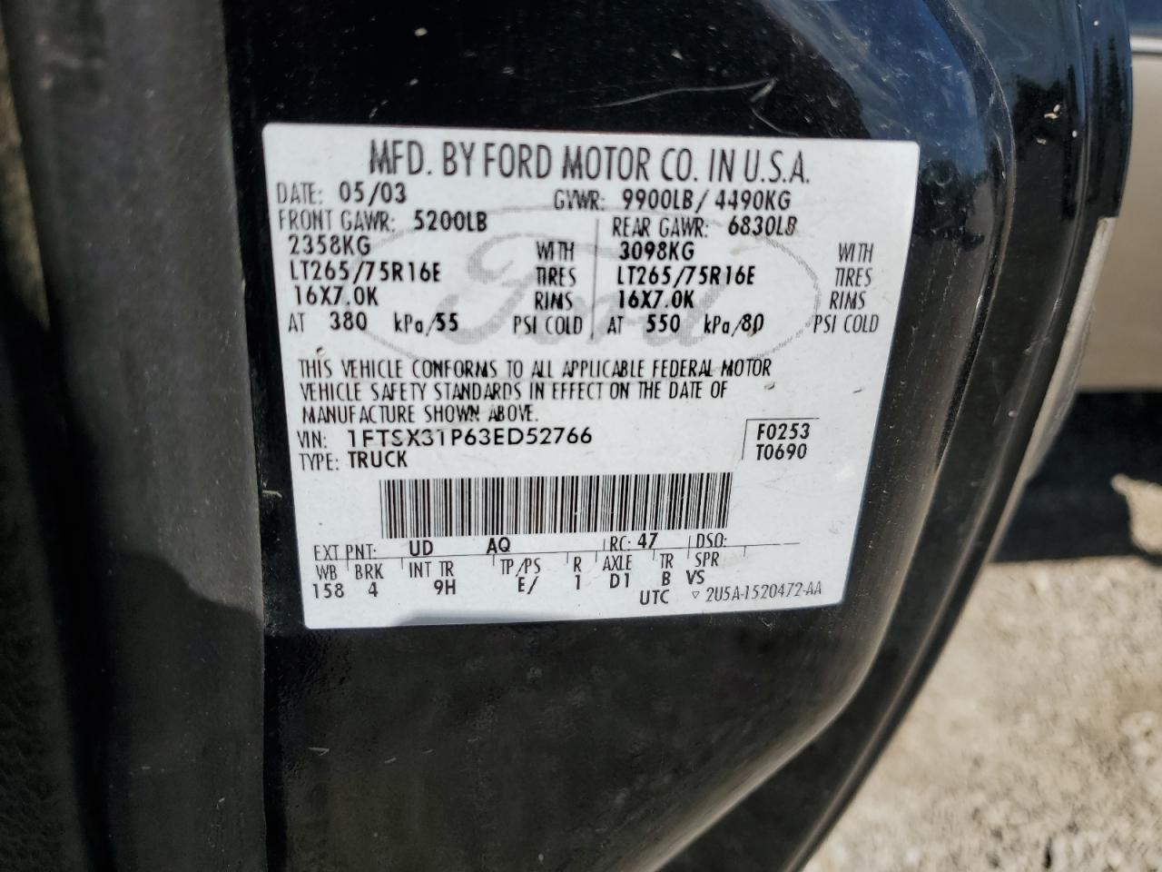 2003 Ford F350 Srw Super Duty VIN: 1FTSX31P63ED52766 Lot: 71430115