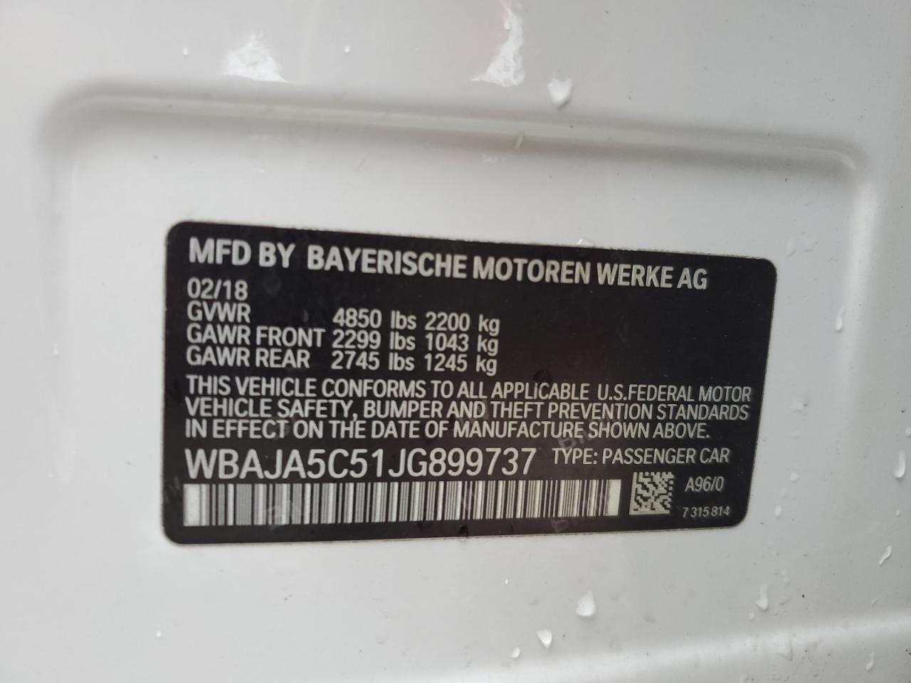 2018 BMW 530 I VIN: WBAJA5C51JG899737 Lot: 81753655