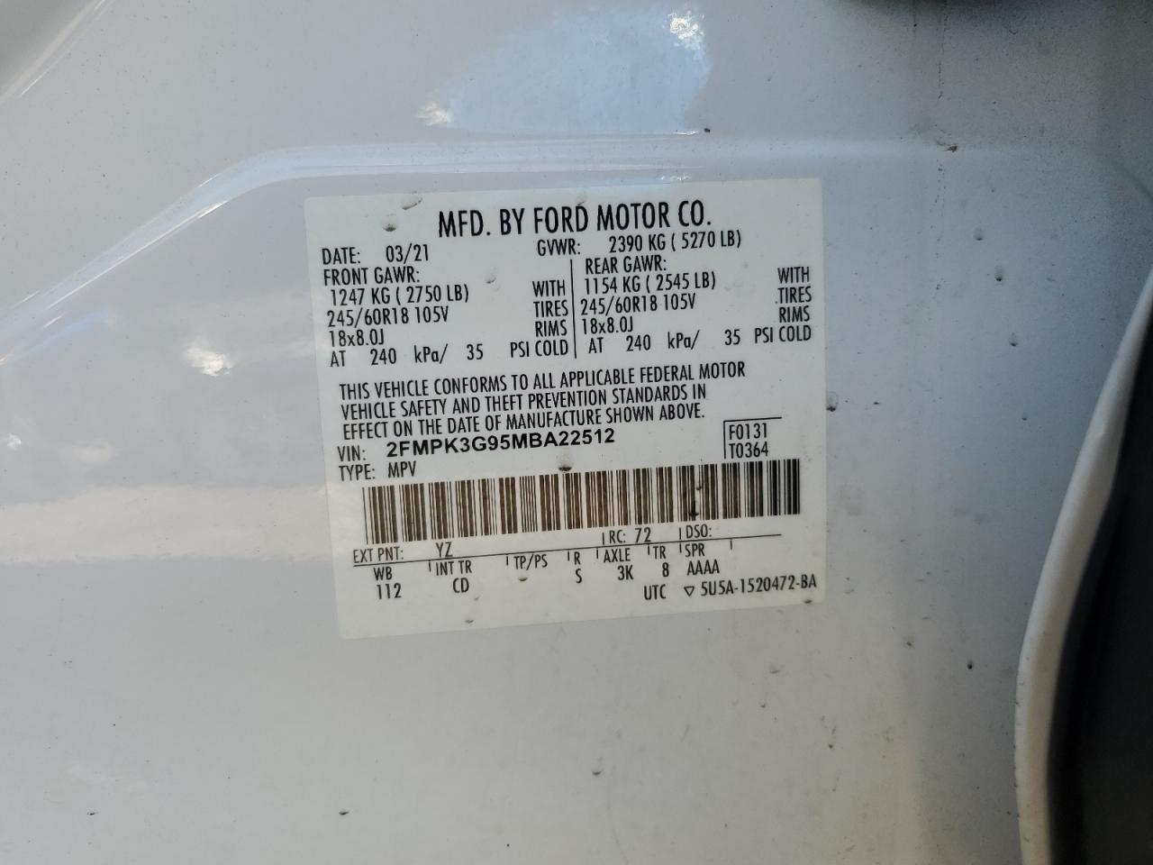 2021 Ford Edge Se VIN: 2FMPK3G95MBA22512 Lot: 82170785