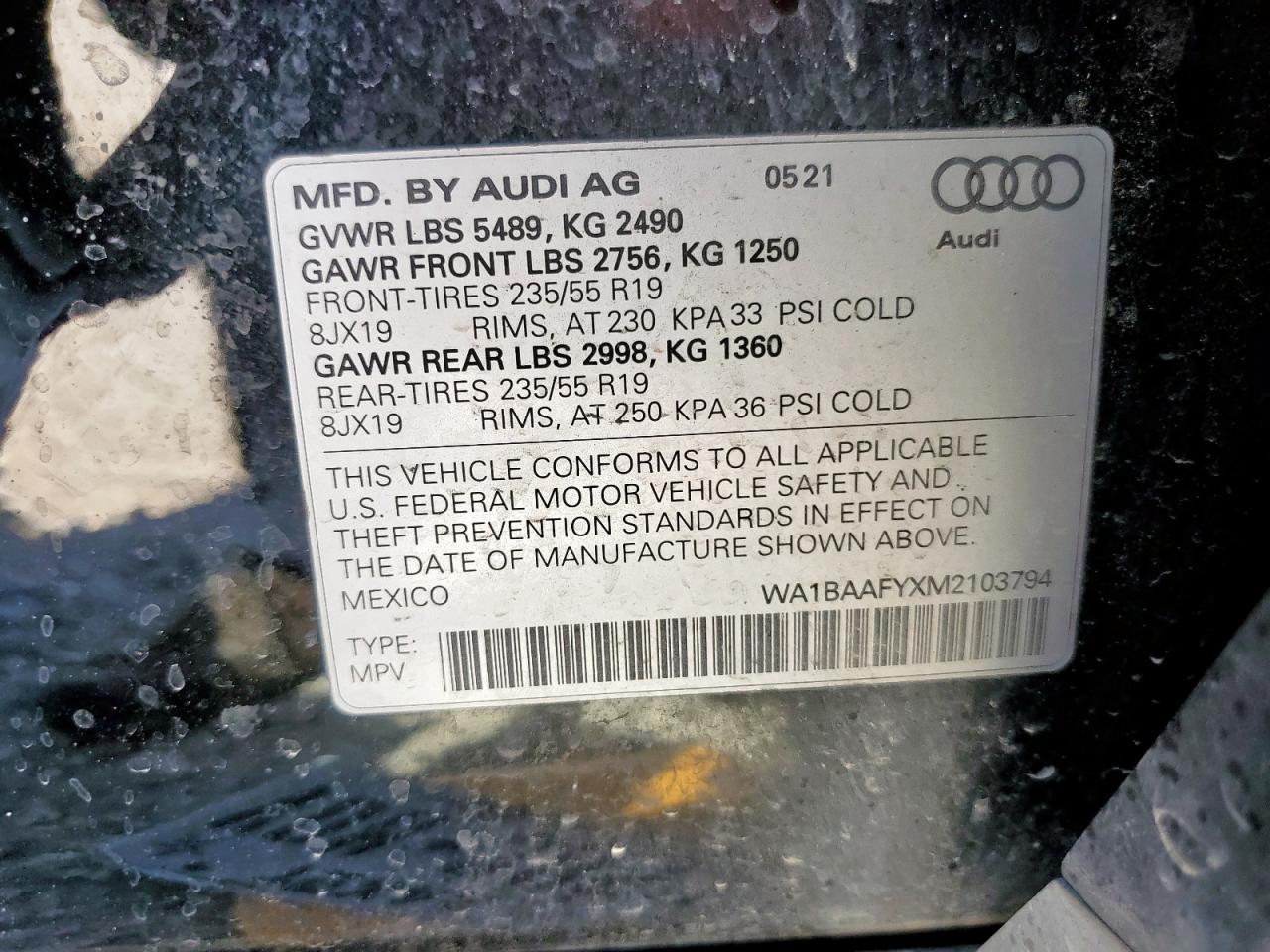 2021 Audi Q5 Premium Plus VIN: WA1BAAFYXM2103794 Lot: 80885165