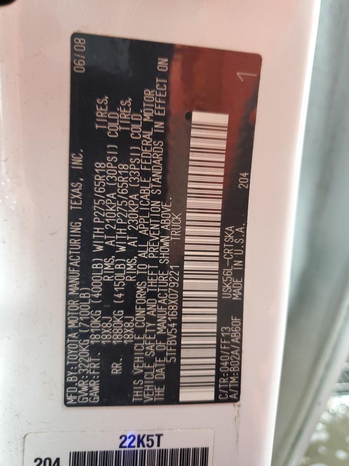 2008 Toyota Tundra Double Cab VIN: 5TFBV54168X079221 Lot: 72058295