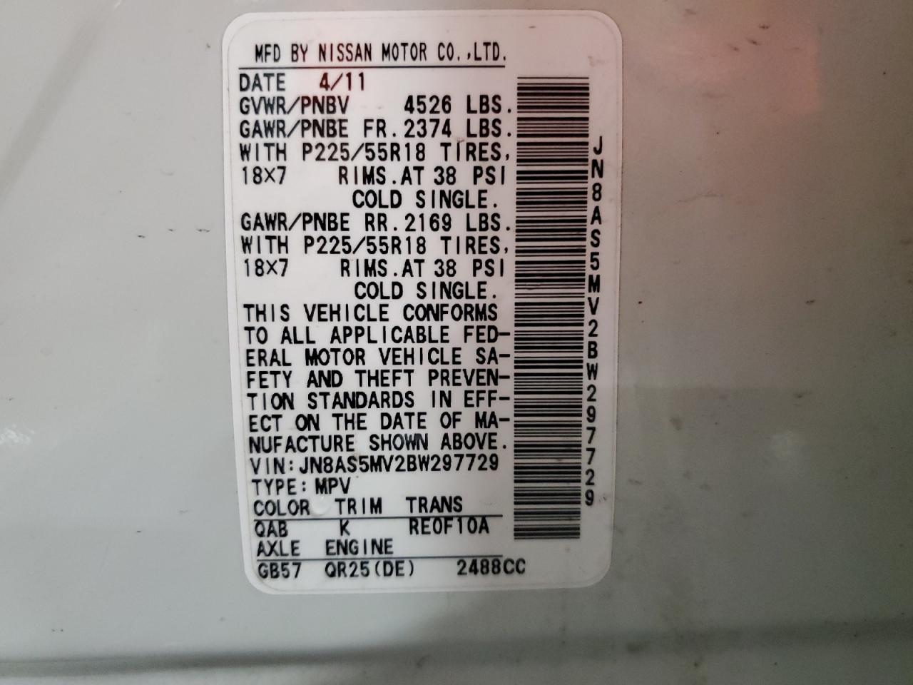 2011 Nissan Rogue S VIN: JN8AS5MV2BW297729 Lot: 80645335