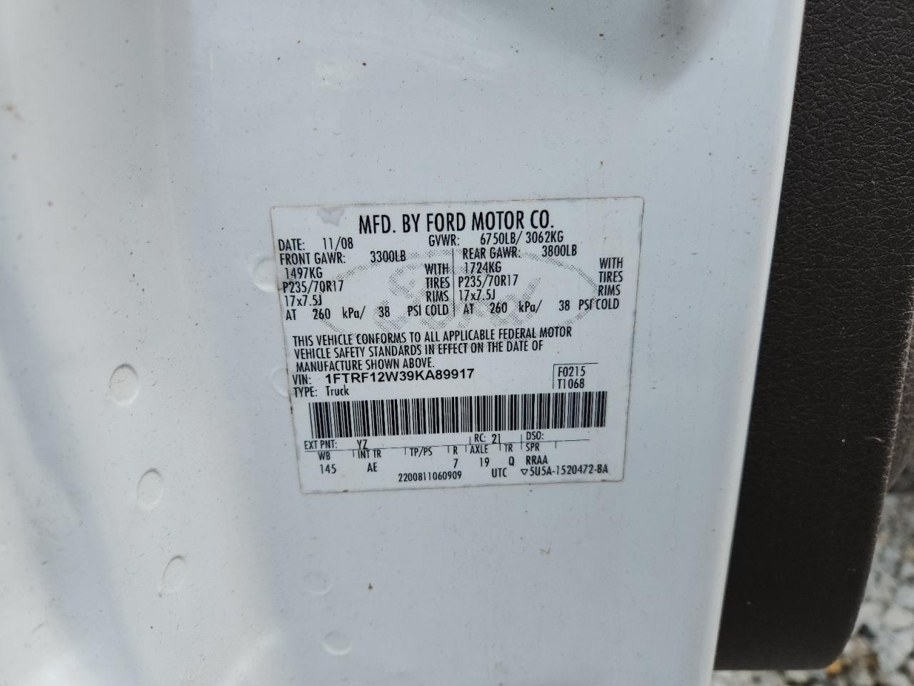 2009 Ford F150 VIN: 1FTRF12W39KA89917 Lot: 84557005