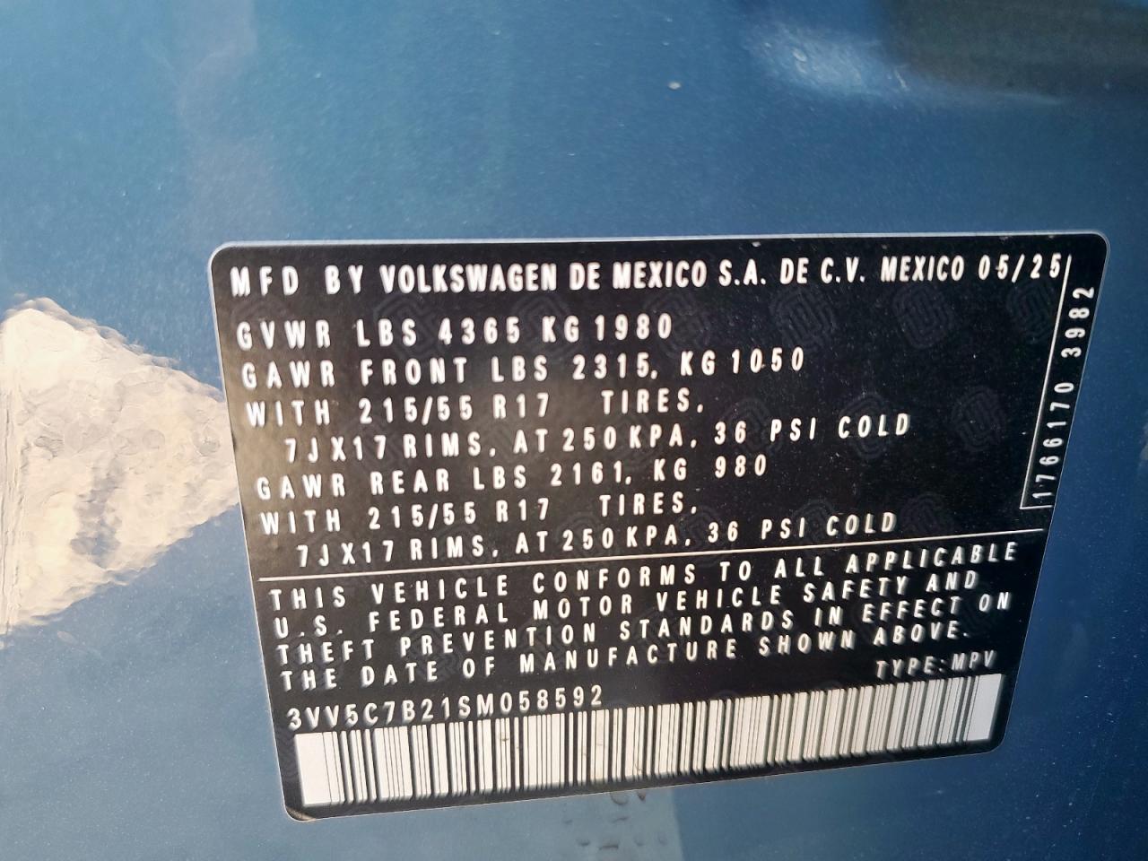 2025 Volkswagen Taos S VIN: 3VV5C7B21SM058592 Lot: 72087795