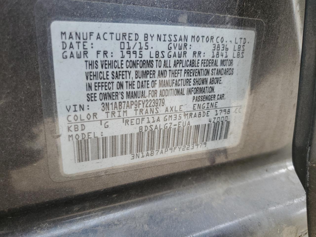 2015 Nissan Sentra S VIN: 3N1AB7AP9FY223979 Lot: 81765765