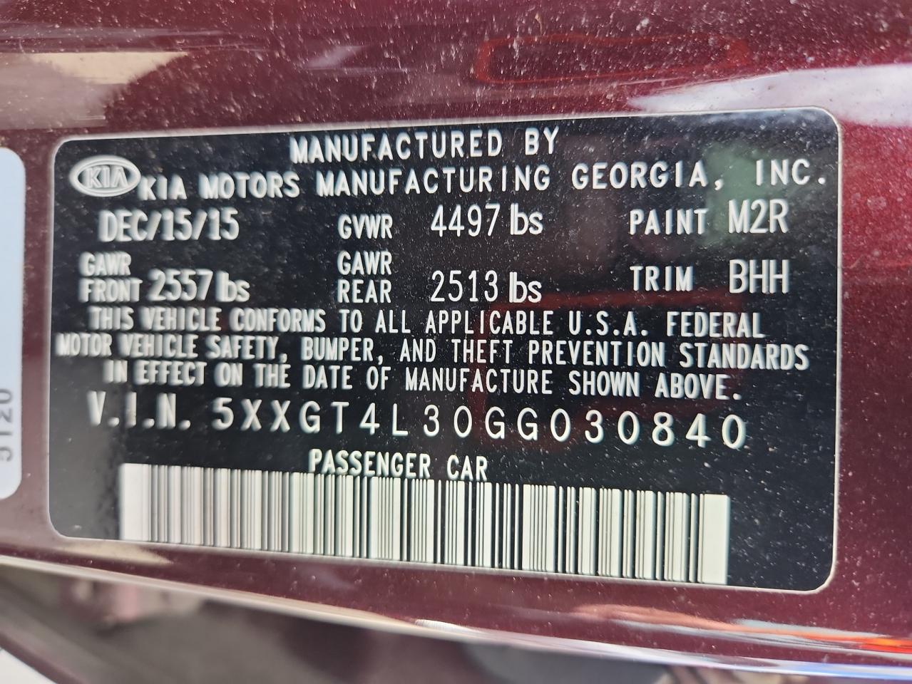 2016 Kia Optima Lx VIN: 5XXGT4L30GG030840 Lot: 68954505