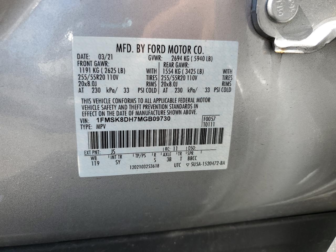 2021 Ford Explorer Xlt VIN: 1FMSK8DH7MGB09730 Lot: 80613355