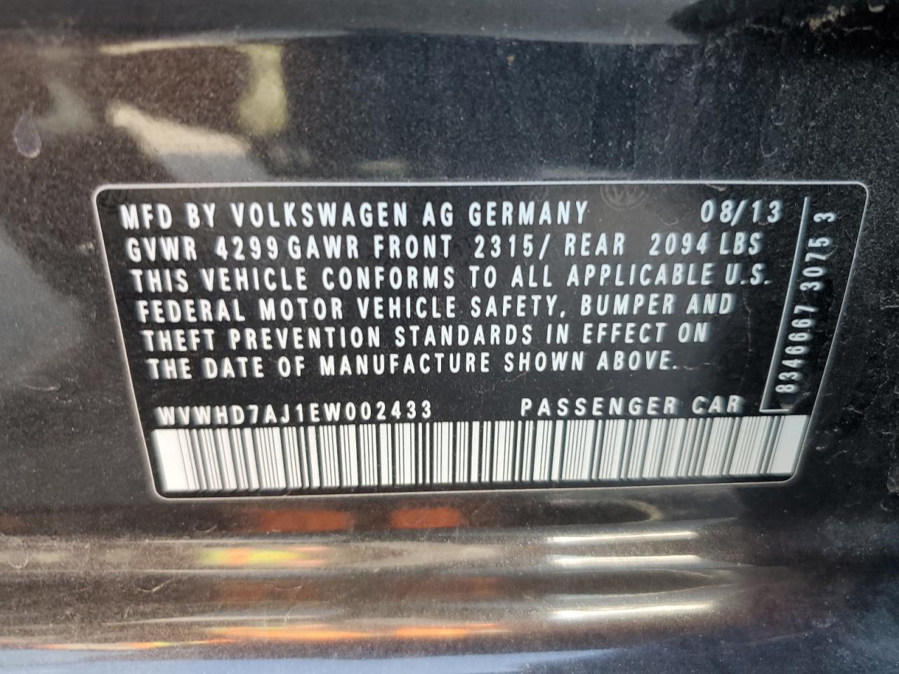 2014 Volkswagen Gti VIN: WVWHD7AJ1EW002433 Lot: 81160195