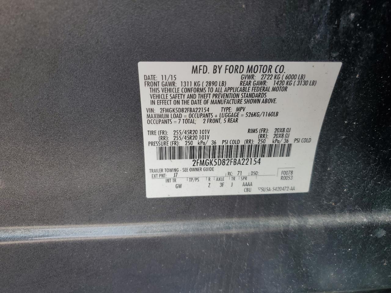 2015 Ford Flex Limited VIN: 2FMGK5D82FBA22154 Lot: 80341755