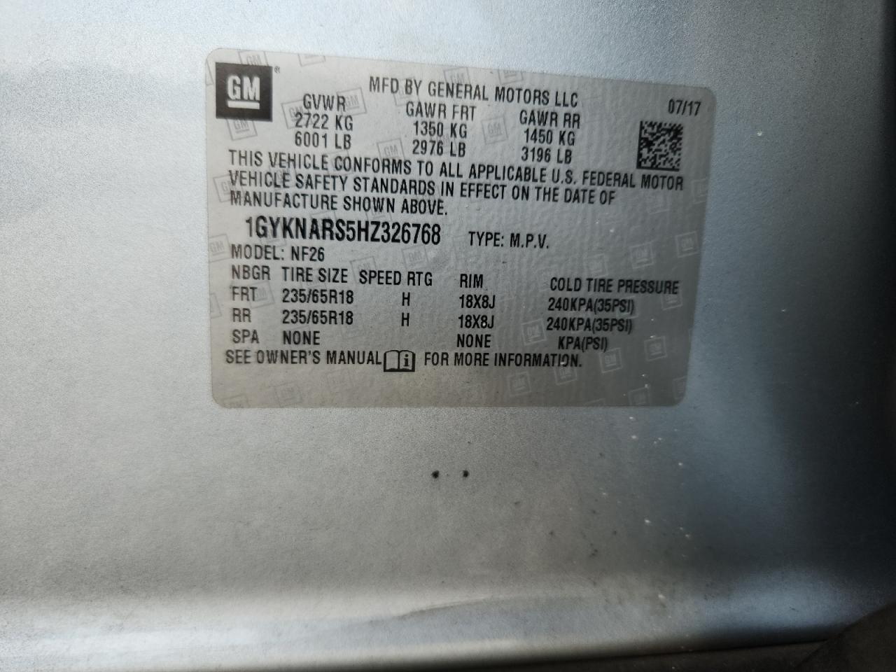 2017 Cadillac Xt5 VIN: 1GYKNARS5HZ326768 Lot: 72056225