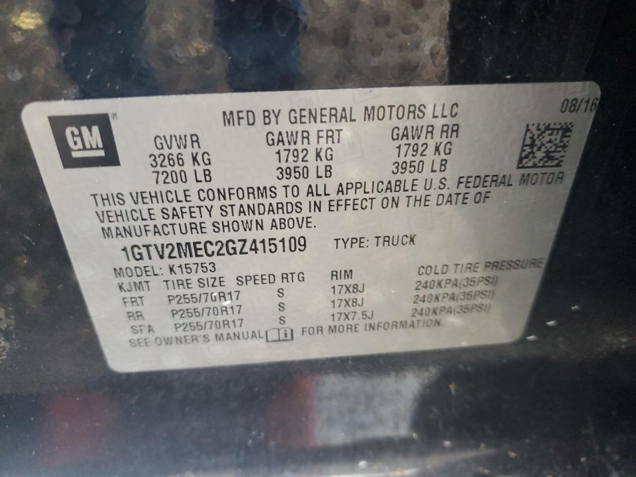 2016 GMC Sierra K1500 Sle VIN: 1GTV2MEC2GZ415109 Lot: 84299865