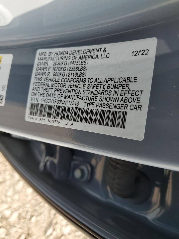 2022 Honda Accord Sport VIN: 1HGCV1F30NA117313 Lot: 82041095